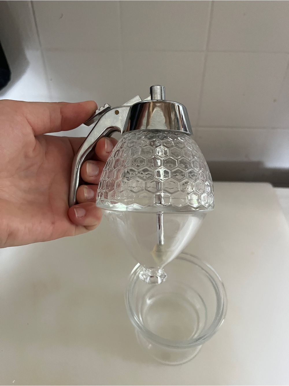 Glass Honey Dispenser with Chrome Pour Lid - Clear - Picture 3 of 4